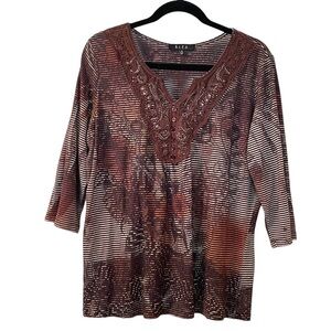 B.L.E.U. Woman’s 3/4 sleeve brown patterned top, size XL